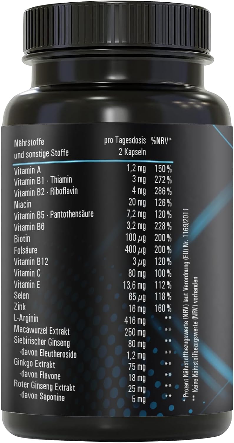 Ausdauer & Energie – MEN INTENSE Men's Capsules Extra Strong Durable Formula High Dose with L-Arginine, Maca, Vitamins, Ginseng, Ginkgo, 60 Capsules – Bild 2