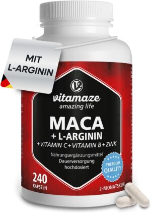 Potenzmittel & Standfestigkeit – Maca Capsules High Dose 4000 mg + L-Arginine 1800 mg + Vitamins + Zinc, 240 Capsules For 2 Months, Quality Product Made In Germany Now At A Promotional Price 1