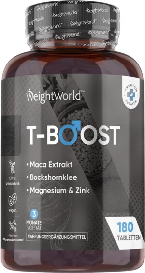 Ausdauer & Energie – T Boost - With Zinc, Maca Extract, Magnesium, Fenugreek - Dietary Supplement - 180 Vegan Tablets - 3 Months Supply - Free from Magnesium Stearate - WeightWorld