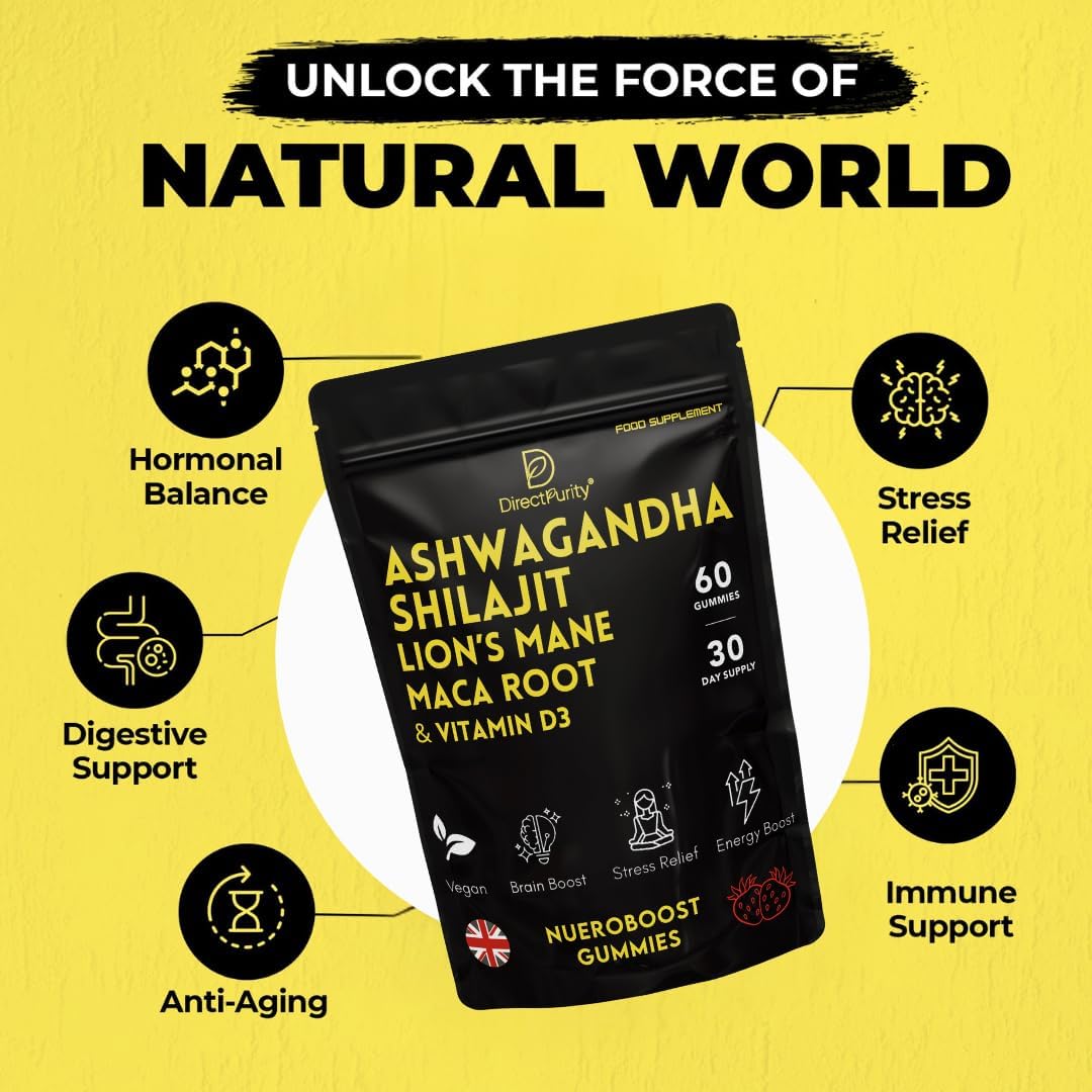 Ausdauer & Energie – NueroBoost™ 5-in-1 Wellness-Fruchtgummis – Ashwagandha 500 mg, Shilajit 600 mg, Löwenmähnenpilz 600 mg, Maca-Wurzel 100 mg & Vitamin D3 20 mg – 60 Stück – Stress, Fokus, Energie & Immununterstützung – Bild 3