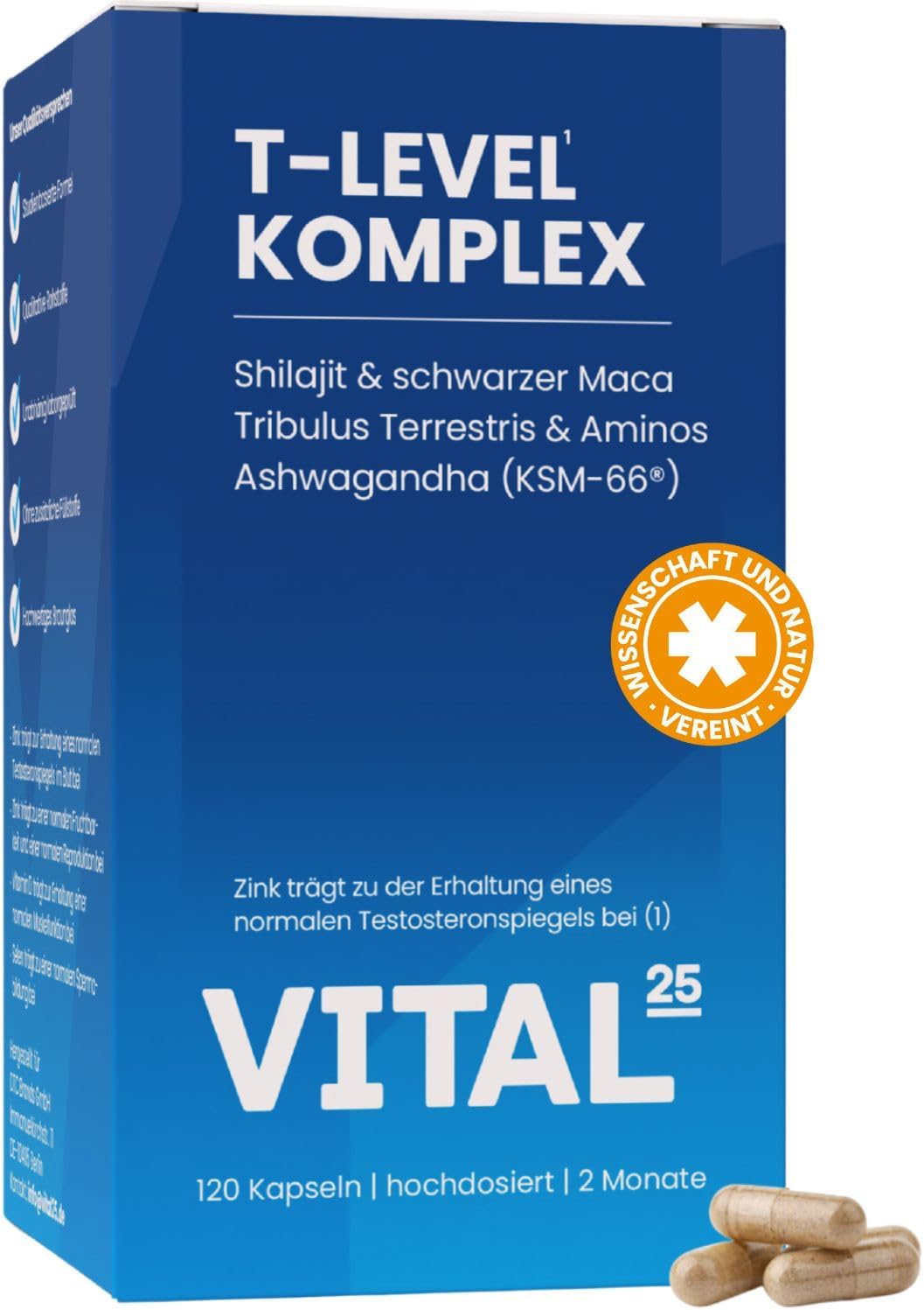 Ausdauer & Energie – T-Level Testosterone¹ Capsules - High Dose with Shilajit, Ashwagandha KSM-66, Maca Black, Fenugreek, Tribulus, Cordyceps, Boron, Aminos - Vegan - 120 Capsules for 2 Months - Vital25