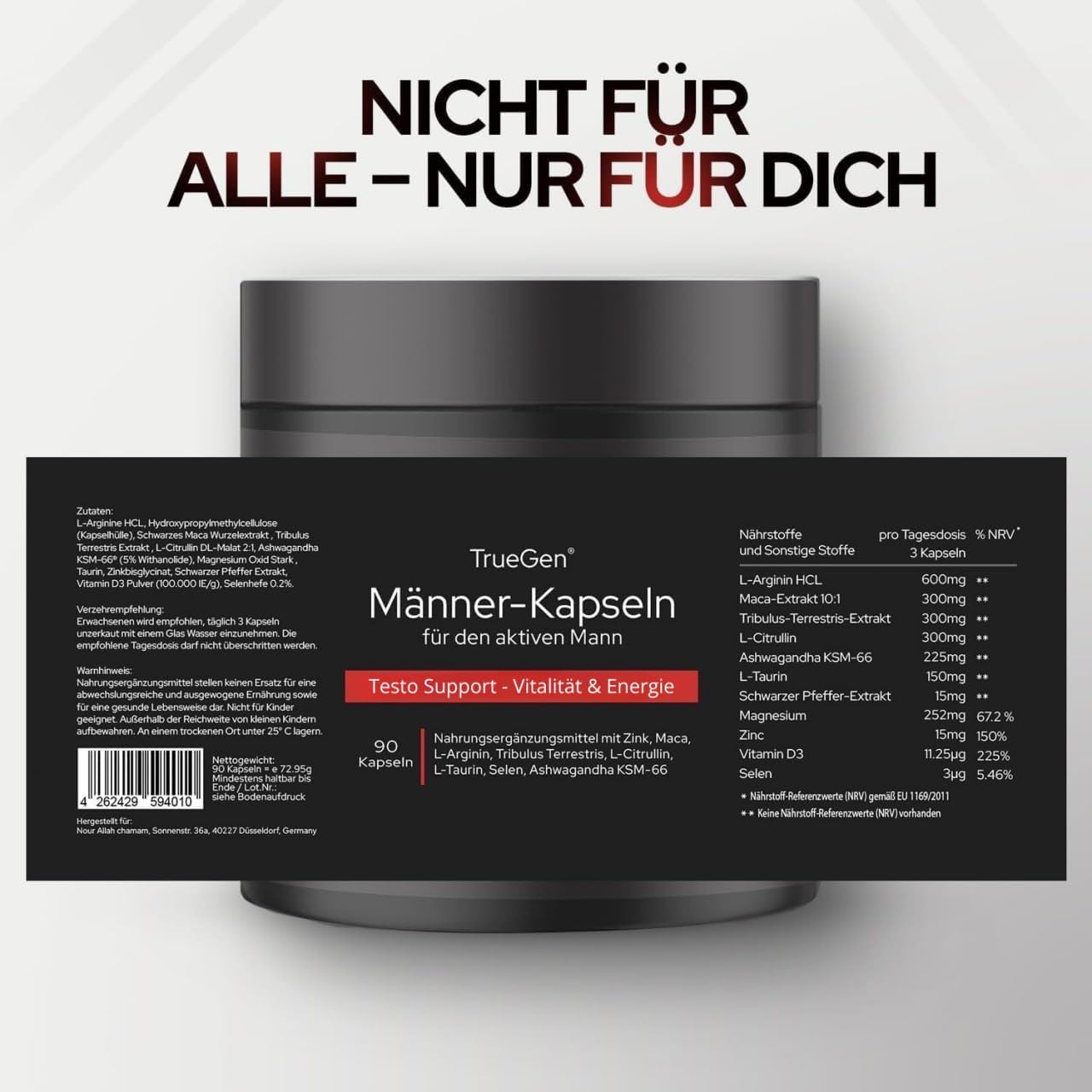 Ausdauer & Energie – Men's Capsules - 90 Vegan Capsules with L-Arginine, Maca, Tribulus, Ashwagandha, Citrulline, Zinc, Selenium, Vitamin D & Magnesium - For Vitality & Wellbeing – Bild 2