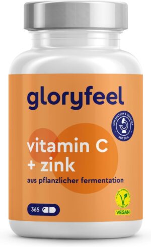 Ausdauer & Energie – Vitamin C + zinc - 365 vegan capsules - 1000 mg buffered vegetable vitamin C (acid-free and stomach friendly) plus 20 mg zinc per daily dose - laboratory tested without additives made in Germany.