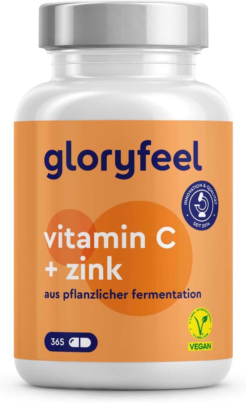 Ausdauer & Energie – Vitamin C + zinc - 365 vegan capsules - 1000 mg buffered vegetable vitamin C (acid-free and stomach friendly) plus 20 mg zinc per daily dose - laboratory tested without additives made in Germany.