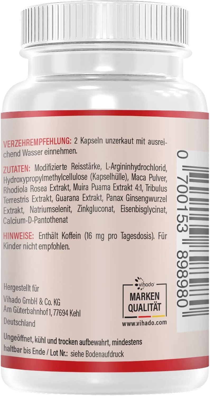 Potenzmittel & Standfestigkeit – Vihado 4MEN direct 2.0 Men's Capsules Extra Strong Instant Formula High Dose with L-Arginine, Maca, Tribulus Terrestris, Ginseng, 60 Capsules – Bild 3