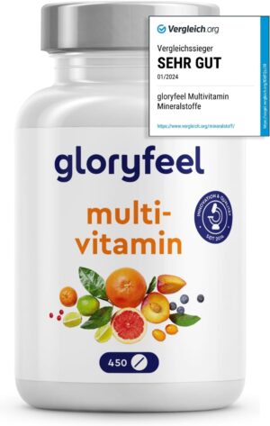 Ausdauer & Energie – Gloryfeel High-Dose Multivitamins – 450 Tablets, Valuable Minerals and All A-Z Vitamins – 15 Months’ Supply – Supports the Immune System – Laboratory Tested without Additives, Made in Germany