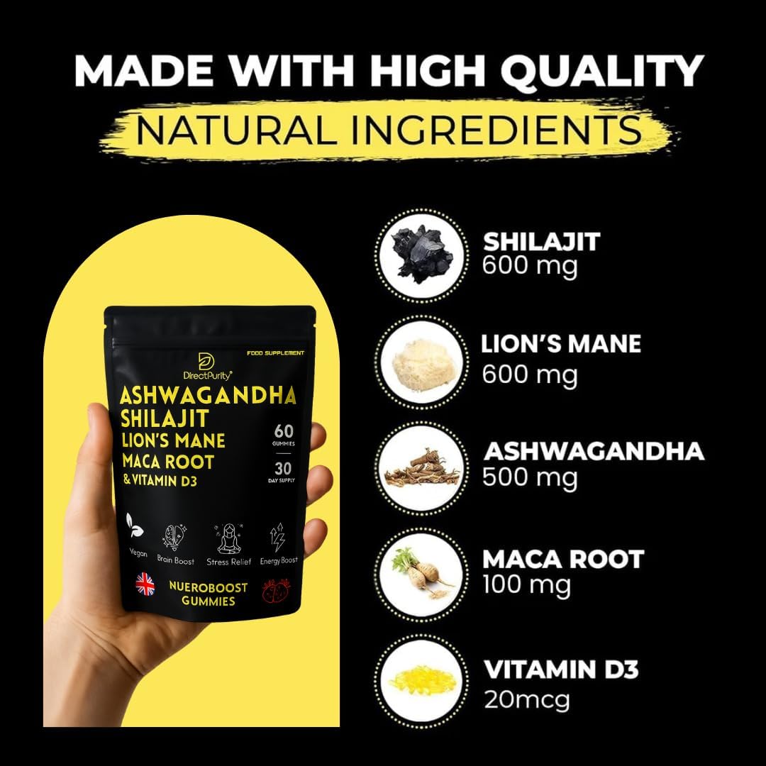 Ausdauer & Energie – NueroBoost™ 5-in-1 Wellness-Fruchtgummis – Ashwagandha 500 mg, Shilajit 600 mg, Löwenmähnenpilz 600 mg, Maca-Wurzel 100 mg & Vitamin D3 20 mg – 60 Stück – Stress, Fokus, Energie & Immununterstützung – Bild 4