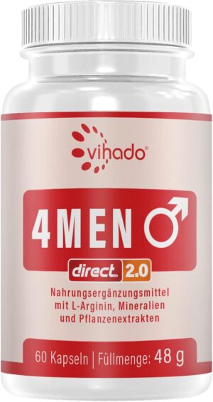 Potenzmittel & Standfestigkeit – Vihado 4MEN direct 2.0 Men's Capsules Extra Strong Instant Formula High Dose with L-Arginine, Maca, Tribulus Terrestris, Ginseng, 60 Capsules