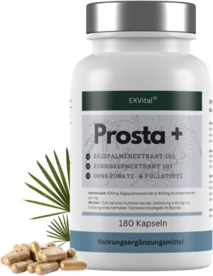 Ausdauer & Energie – EXVital Prosta+, 180 Vegan Capsules, High Dose with Saw Palmetto Extract (600 mg), Pumpkin Seed Extract (400 mg) & Zinc, Laboratory Tested