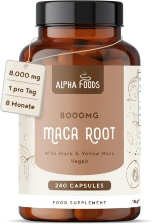 Ausdauer & Energie – Maca Capsules High Dose | 240 Vegan Capsules | Maca Black 10:1 Extract | 8000 mg per Capsule | Powder from Maca Root | High Dose and Vegan | Alpha Foods