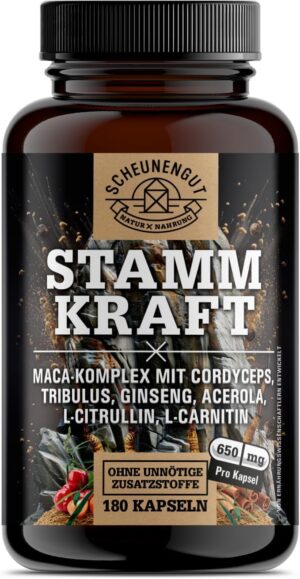 Ausdauer & Energie – STAMMKRAFT® Maca Capsules High Dose – Important: Study Based Combined with Cordyceps, Tribulus Terrestris, Panax Ginseng, L-Carnitine & L-Citrulline – 180 Capsules – DE SCHEUNENGUT®