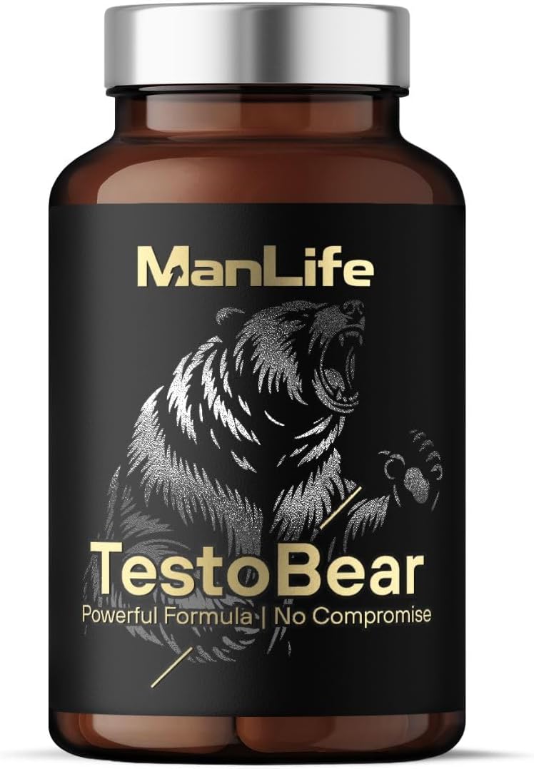 Ausdauer & Energie – Testosterone Booster for Men - TestoBear 90 Vegan Capsules | Increases Testosterone, Libido, Strength, Muscle Mass and Strengthens Erection | Environmentally Friendly - Glass Bottle with Metal