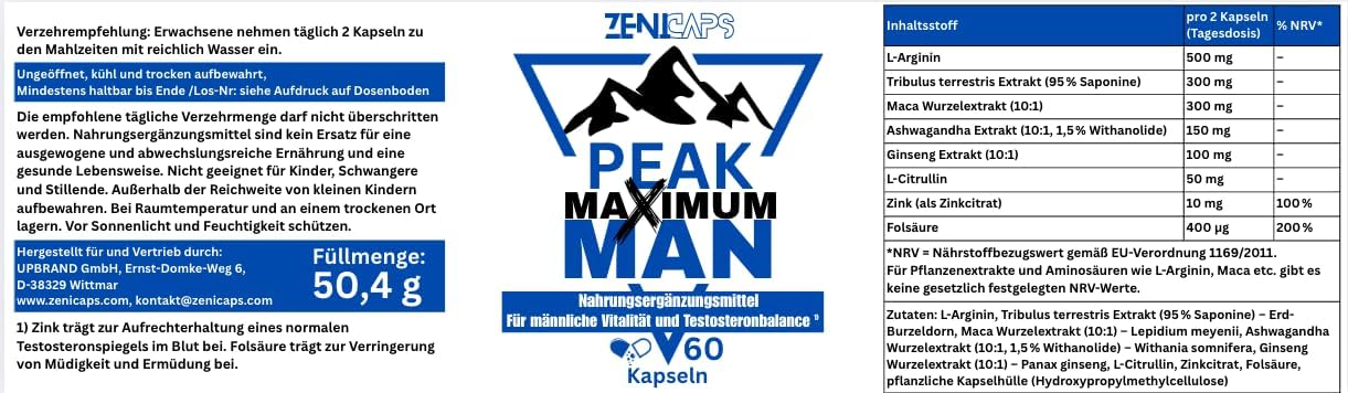 Potenzmittel & Standfestigkeit – Peak Maximum Man Original | For Active Men - With Zinc for Testosterone Levels* | Easy to Use | with L-Arginine, Tribulus Terrestris, Maca, Ashwaganda – Bild 10