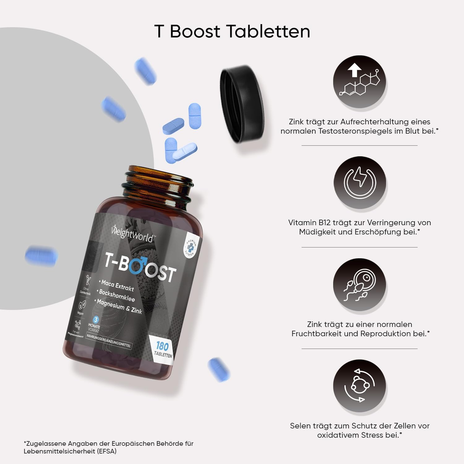 Ausdauer & Energie – T Boost - With Zinc, Maca Extract, Magnesium, Fenugreek - Dietary Supplement - 180 Vegan Tablets - 3 Months Supply - Free from Magnesium Stearate - WeightWorld – Bild 3