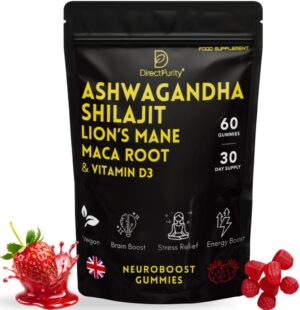 Ausdauer & Energie – NueroBoost™ 5-in-1 Wellness-Fruchtgummis – Ashwagandha 500 mg, Shilajit 600 mg, Löwenmähnenpilz 600 mg, Maca-Wurzel 100 mg & Vitamin D3 20 mg – 60 Stück – Stress, Fokus, Energie & Immununterstützung
