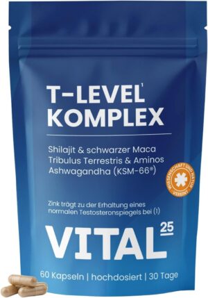 Ausdauer & Energie – T-Level Testosterone¹ Capsules - High Dose with Shilajit, Ashwagandha KSM-66, Maca Black, Fenugreek, Tribulus, Cordyceps, Boron, Aminos - Vegan - 60 Capsules for 30 Days Vital25