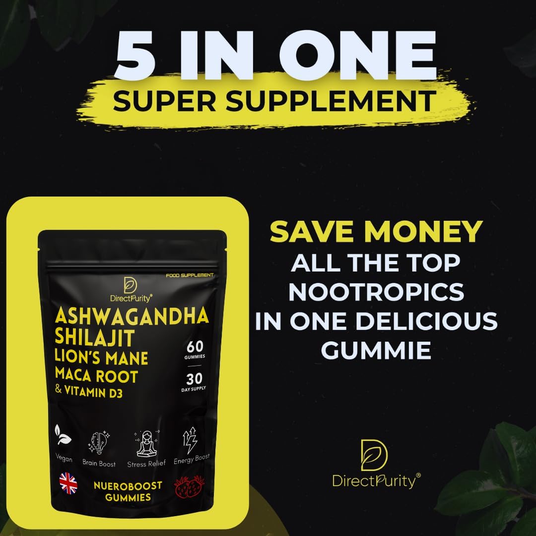 Ausdauer & Energie – NueroBoost™ 5-in-1 Wellness-Fruchtgummis – Ashwagandha 500 mg, Shilajit 600 mg, Löwenmähnenpilz 600 mg, Maca-Wurzel 100 mg & Vitamin D3 20 mg – 60 Stück – Stress, Fokus, Energie & Immununterstützung – Bild 7