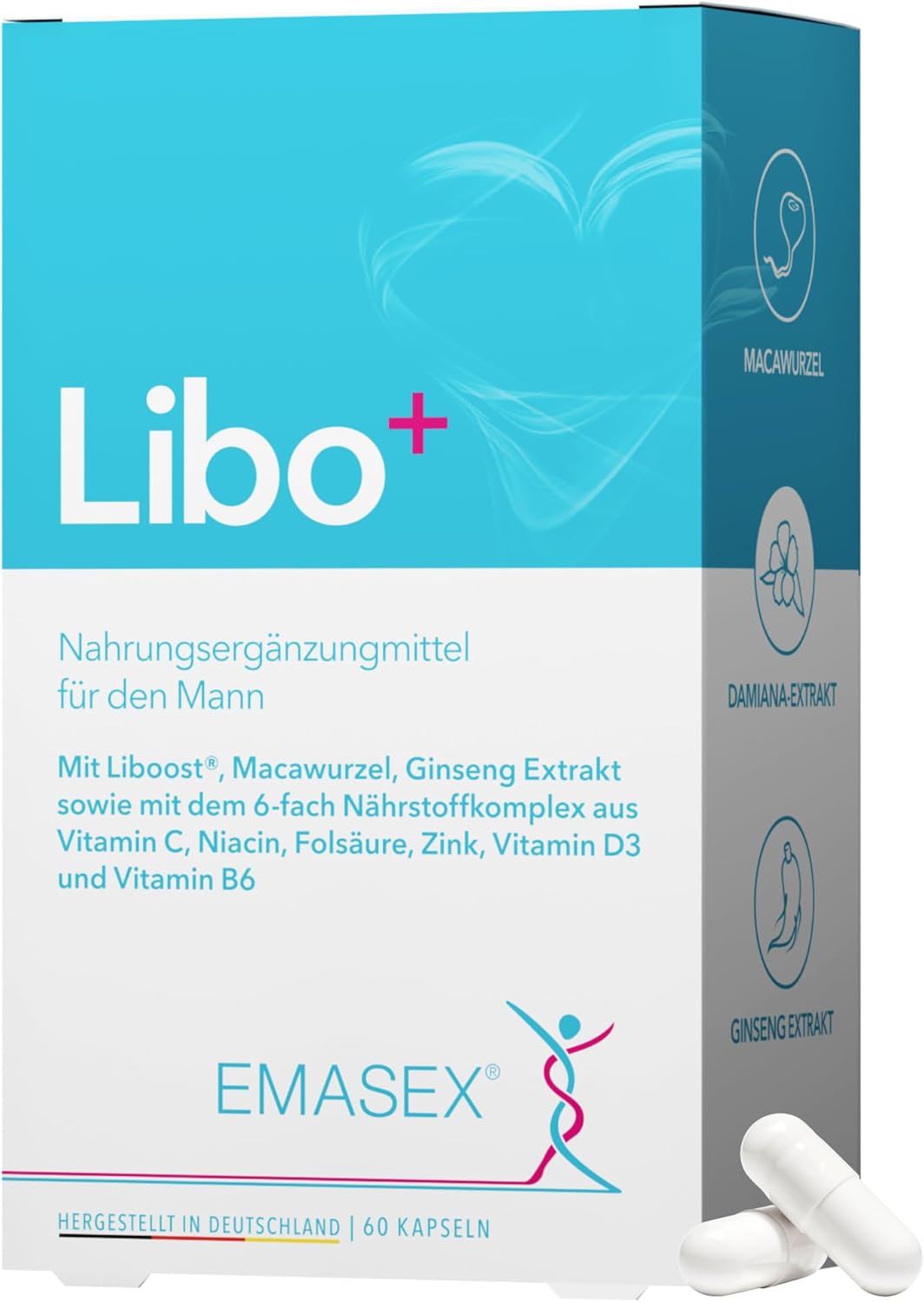 Potenzmittel & Standfestigkeit – Emasex® Libo+ - High Dose Men's Remedy to Support Libido, Energy & Performance with Liboost®, Maca, Ginseng and Zinc, Vitamin C, B6, D3, Niacin & Folic Acid