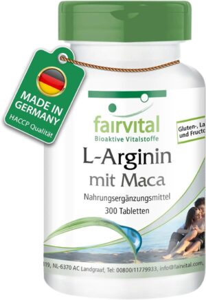 Ausdauer & Energie – Fairvital L-Arginine + Maca Plus - 300 Tablets - High Dose - with 1245 mg L-Arginine, Beta-Glucan, OPC, Zinc + 6250 mg Black Maca Root per Daily Dose