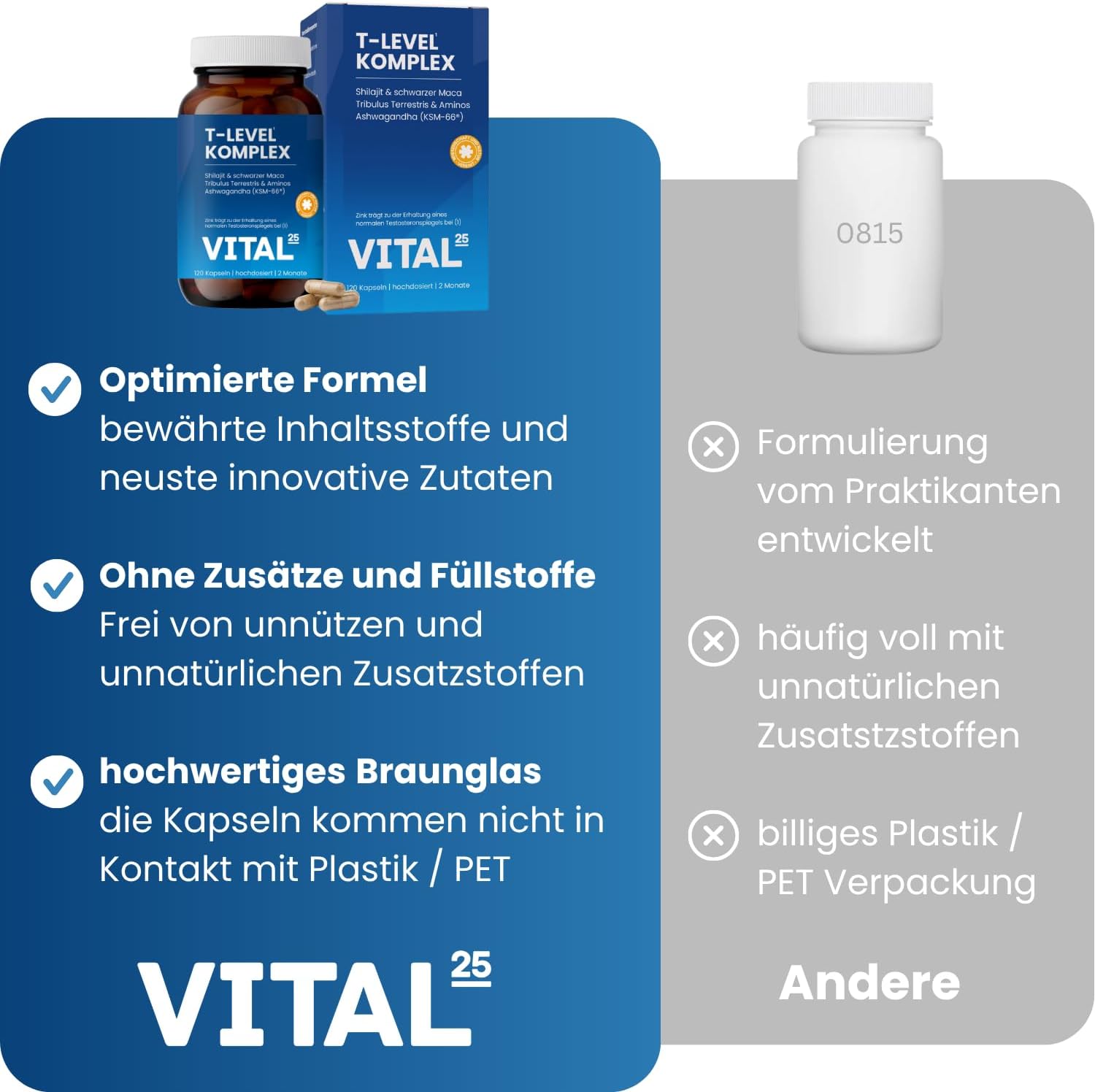 Ausdauer & Energie – T-Level Testosterone¹ Capsules - High Dose with Shilajit, Ashwagandha KSM-66, Maca Black, Fenugreek, Tribulus, Cordyceps, Boron, Aminos - Vegan - 120 Capsules for 2 Months - Vital25 – Bild 2