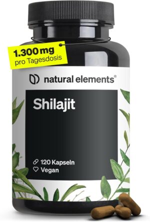 Ausdauer & Energie – natural elements Mumijo Shilajit Capsules - High Dose 1300 mg per Daily Dose - 120 Capsules Shilajit Original from the Himalayas - Vegan, No Unnecessary Additives - Produced in Germany & Laboratory
