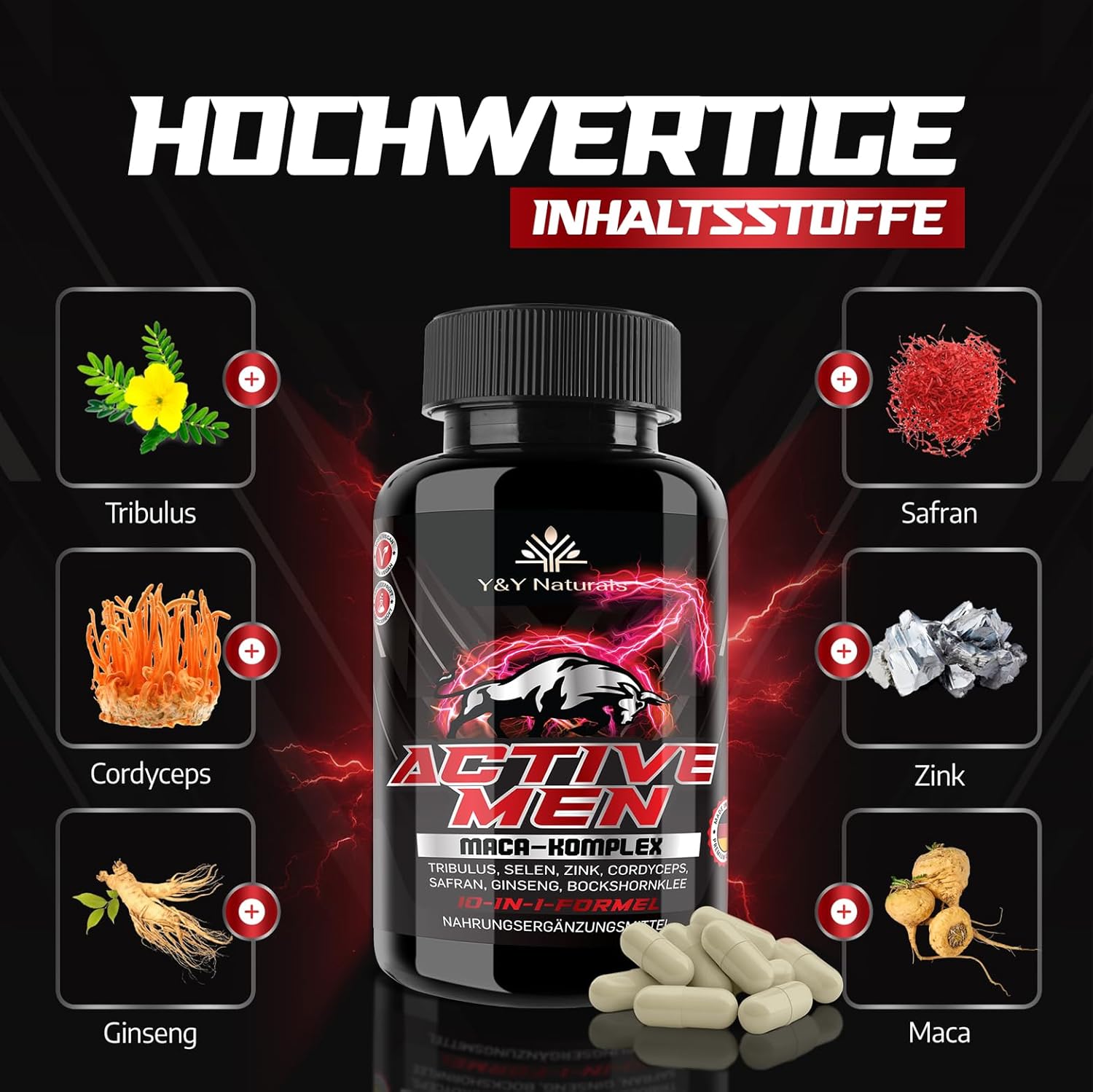 Ausdauer & Energie – Men's Testosterone¹ Capsules - 10-in-1 Complex High Dose with Zinc & Maca 20:1 Extract | Tribulus, Fenugreek, Cordyceps | Made in Germany | Laboratory Tested & Vegan – Bild 9