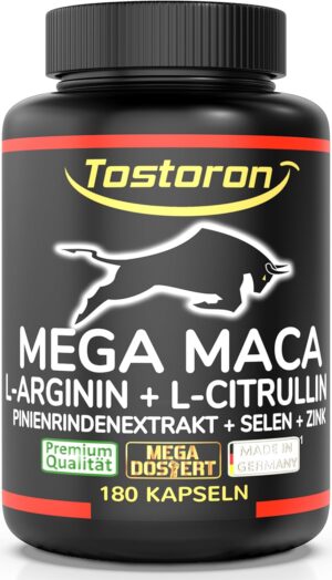 Ausdauer & Energie – Tostoron Mega Maca High Dose with Maca Root Powder Extract 50:1-180 Capsules + L-Arginine, L-Citrulline, Pine Bark, Selenium, Zinc, 1 Tin (1 x 145.2 g)