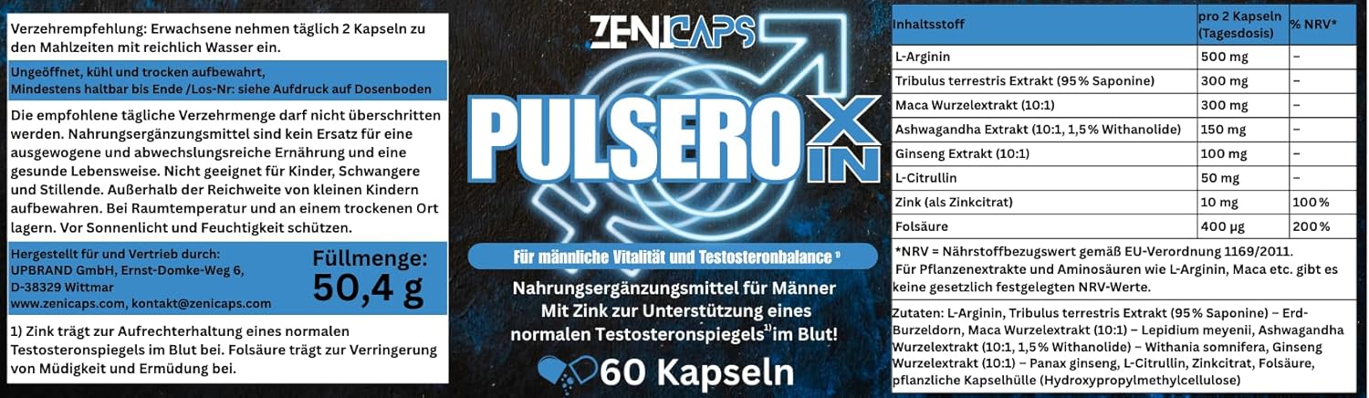 Potenzmittel & Standfestigkeit – PULSEROXIN Capsules Original | For the Active Man - with Zinc for Testosterone Level* | Easy to Use | with L-Arginine, Tribulus Terrestris, Maca, Ashwaganda (60 Capsules) – Bild 10