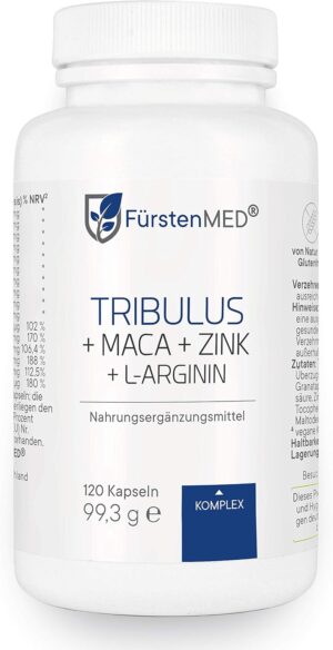 Ausdauer & Energie – Fürstenmed Tribulus + Arginine + Maca + Ashwaganda + Ginseng + Zinc & More – 120 caps – Testosterone Booster – Muscle Building and Libido