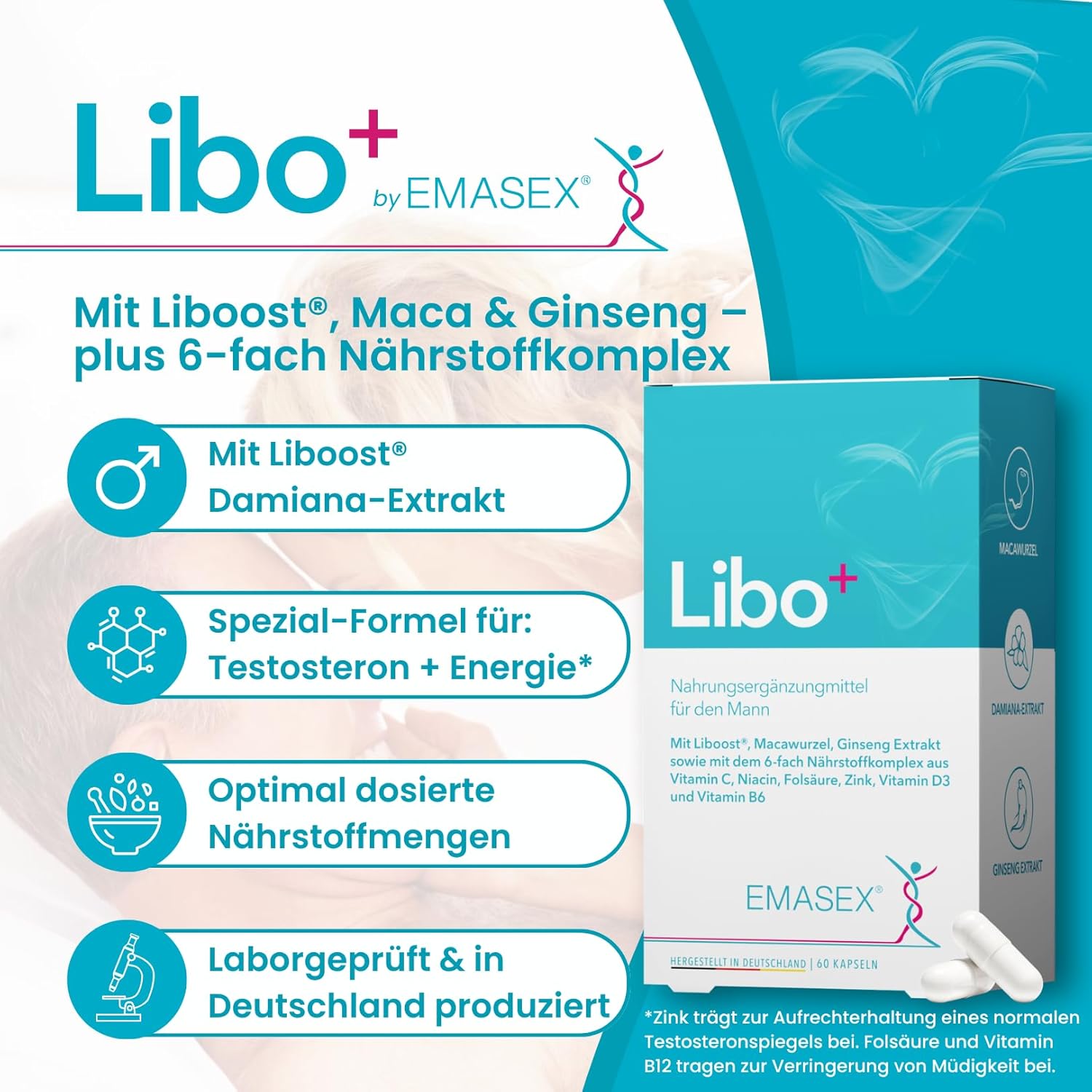 Potenzmittel & Standfestigkeit – Emasex® Libo+ - High Dose Men's Remedy to Support Libido, Energy & Performance with Liboost®, Maca, Ginseng and Zinc, Vitamin C, B6, D3, Niacin & Folic Acid – Bild 3