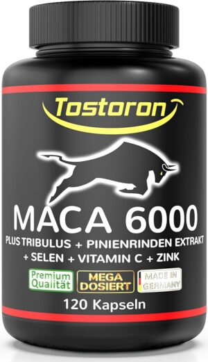 Ausdauer & Energie – Tostoron MACA 6000 high dosage - get the TOSTORON HAMMER direct to your home. 120 Capsules, Plus Tribulus, Pine Bark Extract, Vitamin C, Selenium, Zinc - Laboratory Tested, 1 Tin (1 x 100 g)