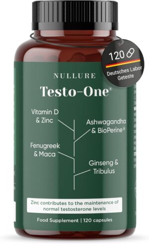 Ausdauer & Energie – Nullure Testo-One T Capsules | Independently Tested | Maca + Tribulus + Fenugreek + Ashwagandha + Ginseng + Zinc | Vegan & No Additives | 120 Pieces 2 Months