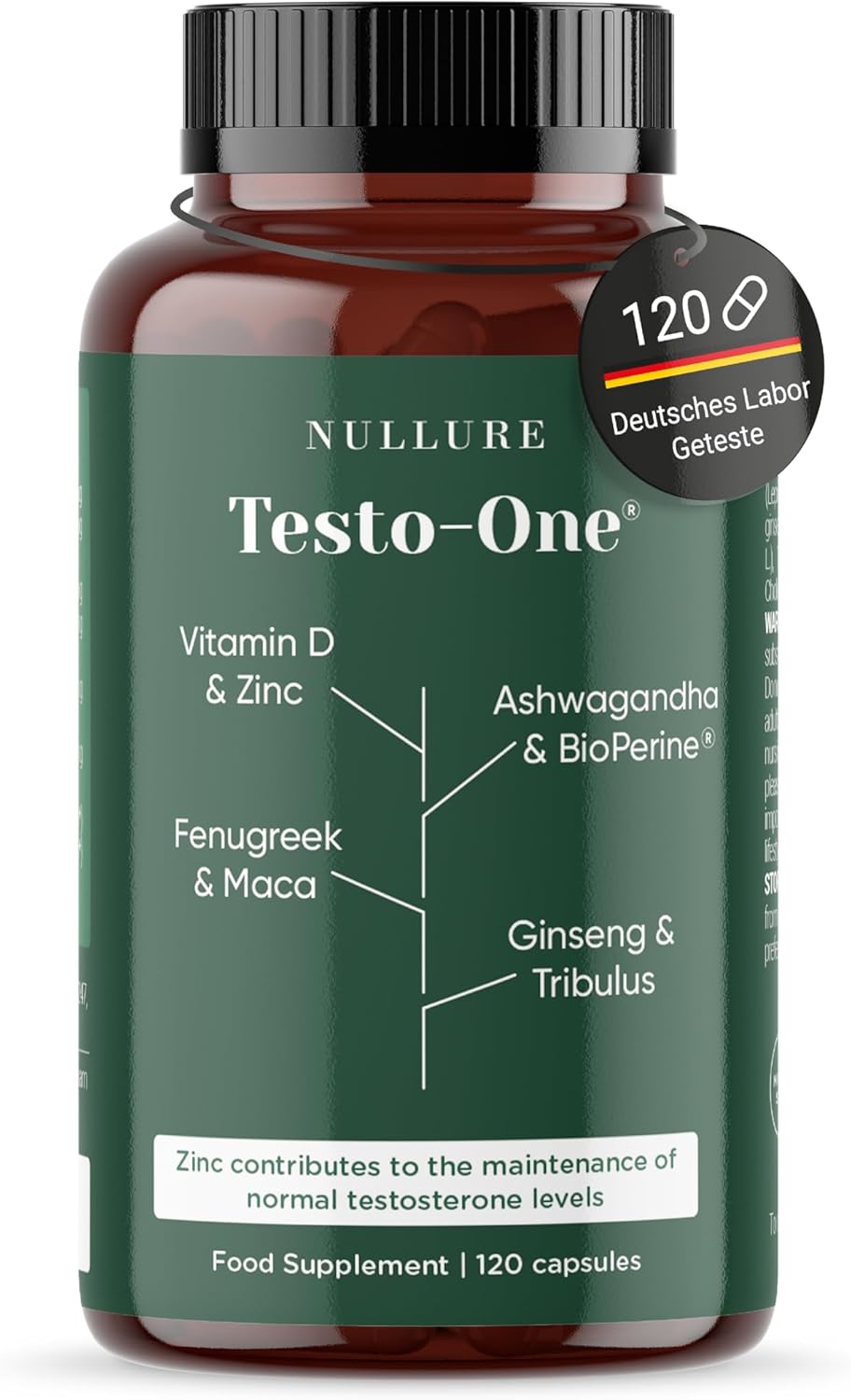 Ausdauer & Energie – Nullure Testo-One T Capsules | Independently Tested | Maca + Tribulus + Fenugreek + Ashwagandha + Ginseng + Zinc | Vegan & No Additives | 120 Pieces 2 Months