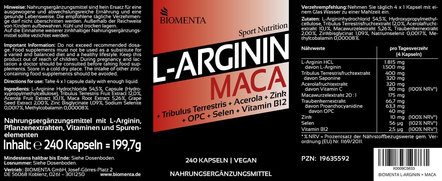 Ausdauer & Energie – Arginine 1500 mg + Maca 1200 mg + Zinc, OPC - 140 Capsules – Bild 2