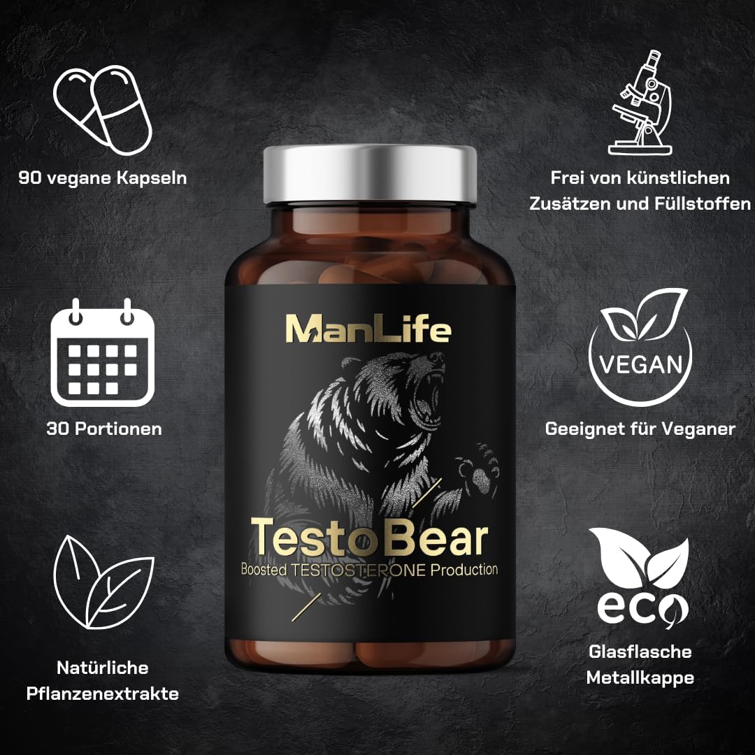 Ausdauer & Energie – Testosterone Booster for Men - TestoBear 90 Vegan Capsules | Increases Testosterone, Libido, Strength, Muscle Mass and Strengthens Erection | Environmentally Friendly - Glass Bottle with Metal – Bild 2