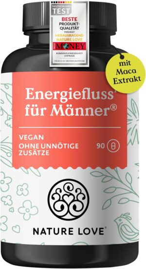 Ausdauer & Energie – Rote Kraft for Active Men by Nature Love - 90 Capsules. Laboratory tested. With L-Arginine, Tribulus Terrestris and Maca extract. High dose, vegan, made in Germany.