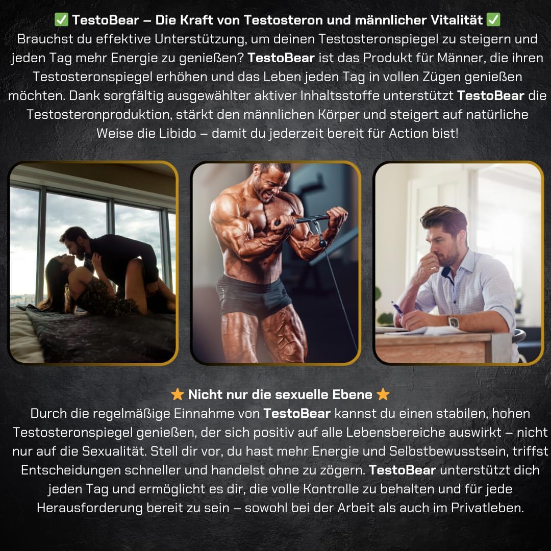 Ausdauer & Energie – Testosterone Booster for Men - TestoBear 90 Vegan Capsules | Increases Testosterone, Libido, Strength, Muscle Mass and Strengthens Erection | Environmentally Friendly - Glass Bottle with Metal – Bild 4