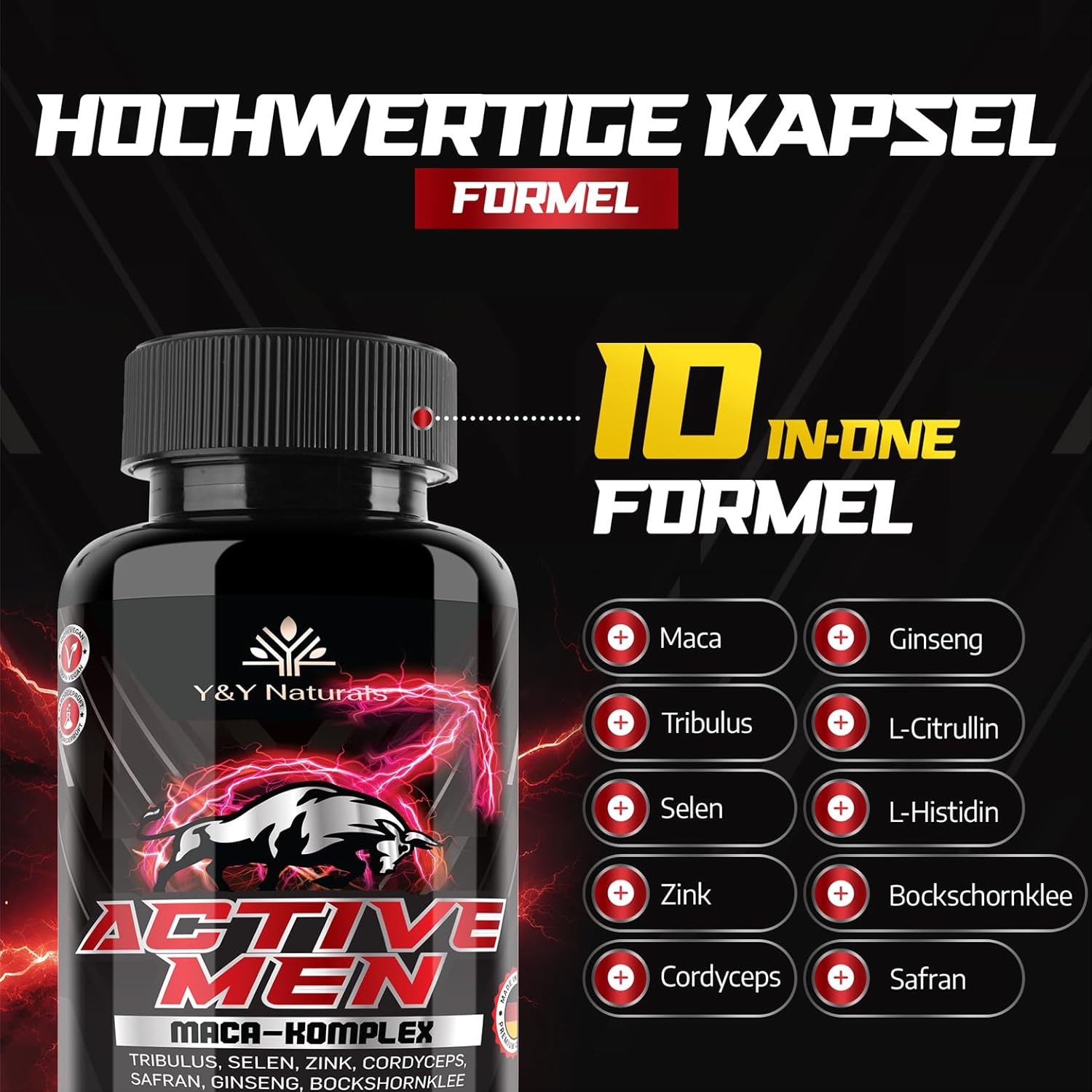 Ausdauer & Energie – Men's Testosterone¹ Capsules - 10-in-1 Complex High Dose with Zinc & Maca 20:1 Extract | Tribulus, Fenugreek, Cordyceps | Made in Germany | Laboratory Tested & Vegan – Bild 3