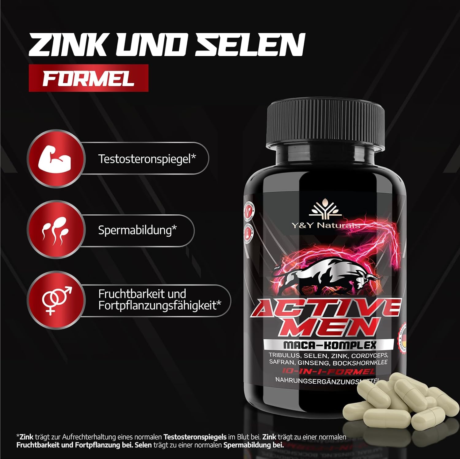 Ausdauer & Energie – Men's Testosterone¹ Capsules - 10-in-1 Complex High Dose with Zinc & Maca 20:1 Extract | Tribulus, Fenugreek, Cordyceps | Made in Germany | Laboratory Tested & Vegan – Bild 2