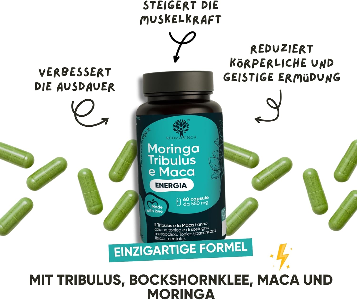 Ausdauer & Energie – RedMoringa Tribulus Terrestris, Maca & Organic Moringa Capsules - 90% Saponins Strength & Testosterone Booster - Support for Muscle Building & Libido | 60 Capsules – Bild 3