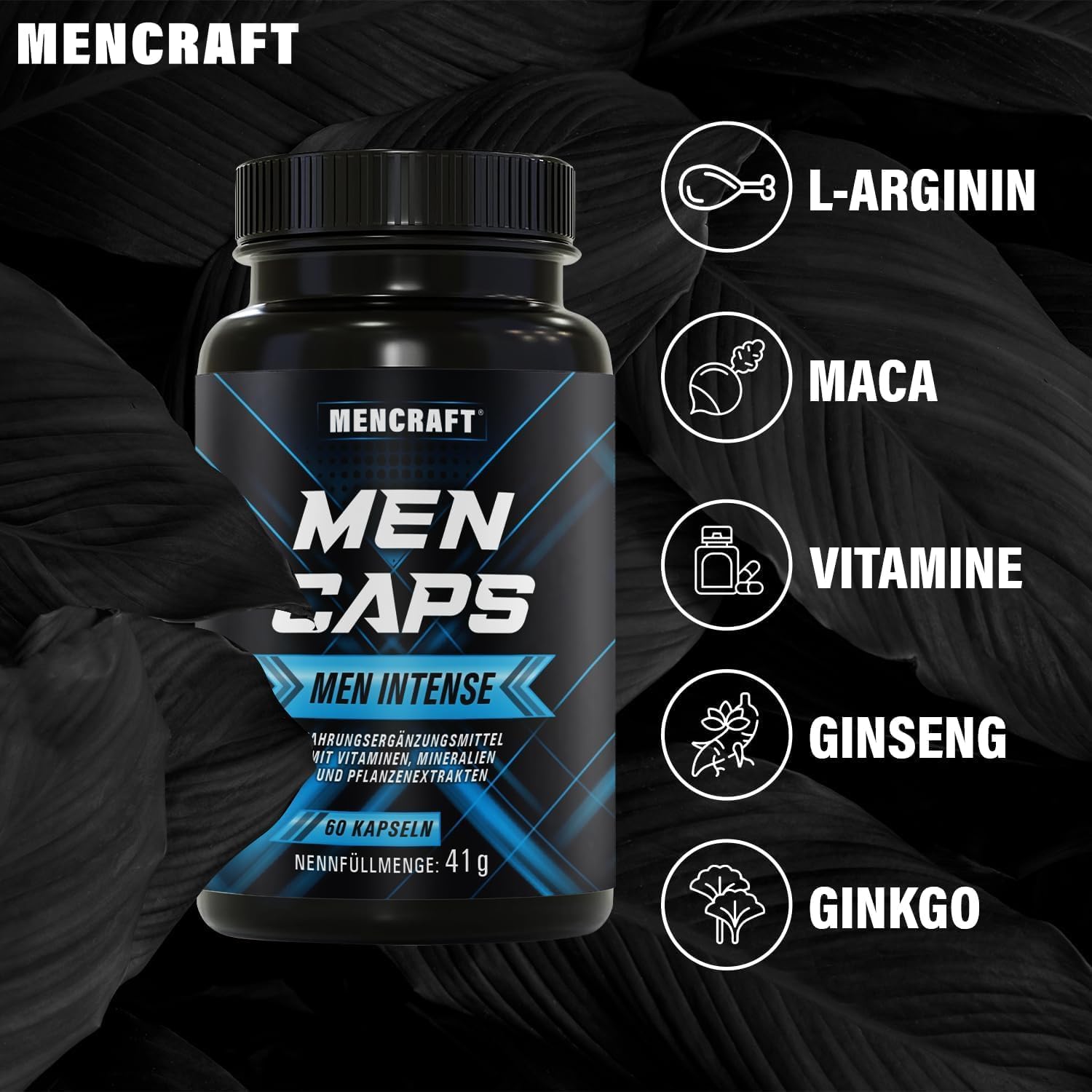 Ausdauer & Energie – MEN INTENSE Men's Capsules Extra Strong Durable Formula High Dose with L-Arginine, Maca, Vitamins, Ginseng, Ginkgo, 60 Capsules – Bild 5