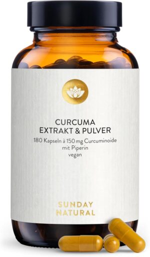 Ausdauer & Energie – SUNDAY NATURAL Turmeric Capsules High Dose - 10,669 mg Turmeric Per Capsules - 180 Curcuma Capsules High Dose - 150 mg Curcumin - 95% Curcuma Extract + Organic Piperine - Laboratory Tested, Vegan