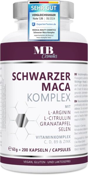 Ausdauer & Energie – Maca Capsules 4800 mg per Daily Dose - 200 Maca High Dose with L-Arginine, Pomegranate Extract, Vitamin C, D, Selenium, Zinc and Citrulline - Vegan 20:1 Maca Extract Black without Additives -