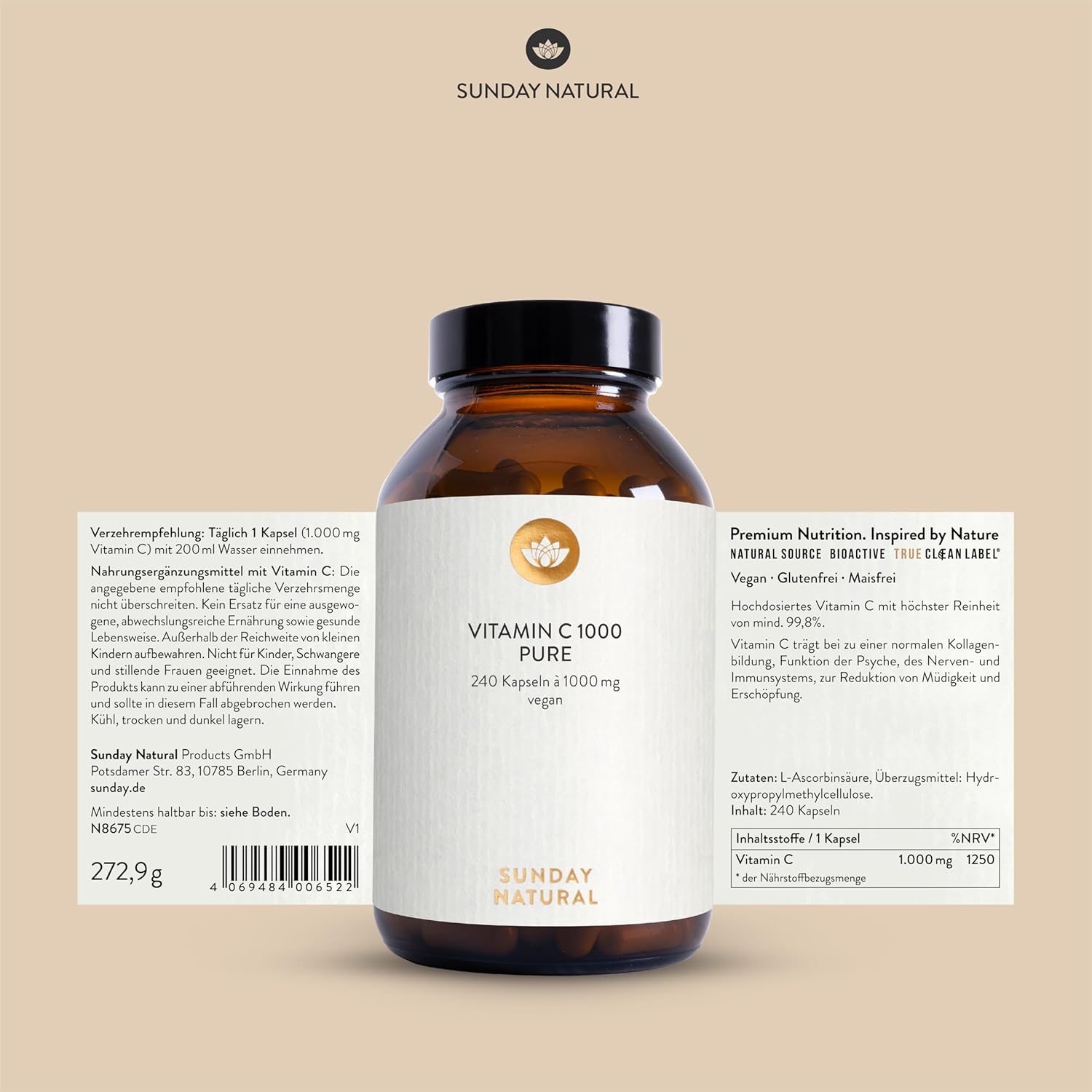Ausdauer & Energie – SUNDAY NATURAL Pure Vitamin C High Dose - Pure Vitamin C 1000 mg per Capsule - High-Quality Ascorbic Acid with ≥ 99% Purity - 240 Vegan Capsules - Laboratory Tested, No Other Additives – Bild 6