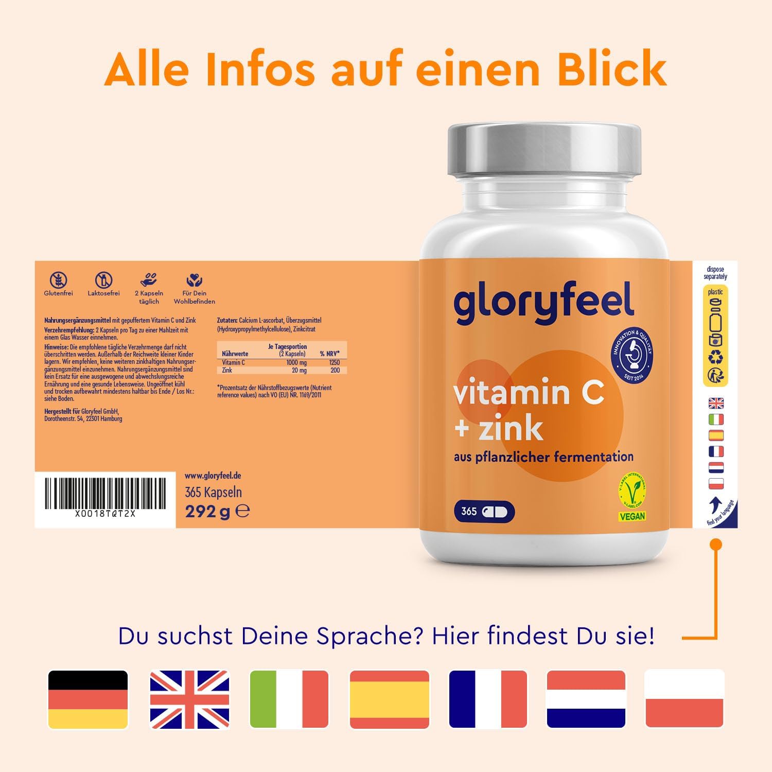 Ausdauer & Energie – Vitamin C + zinc - 365 vegan capsules - 1000 mg buffered vegetable vitamin C (acid-free and stomach friendly) plus 20 mg zinc per daily dose - laboratory tested without additives made in Germany. – Bild 7