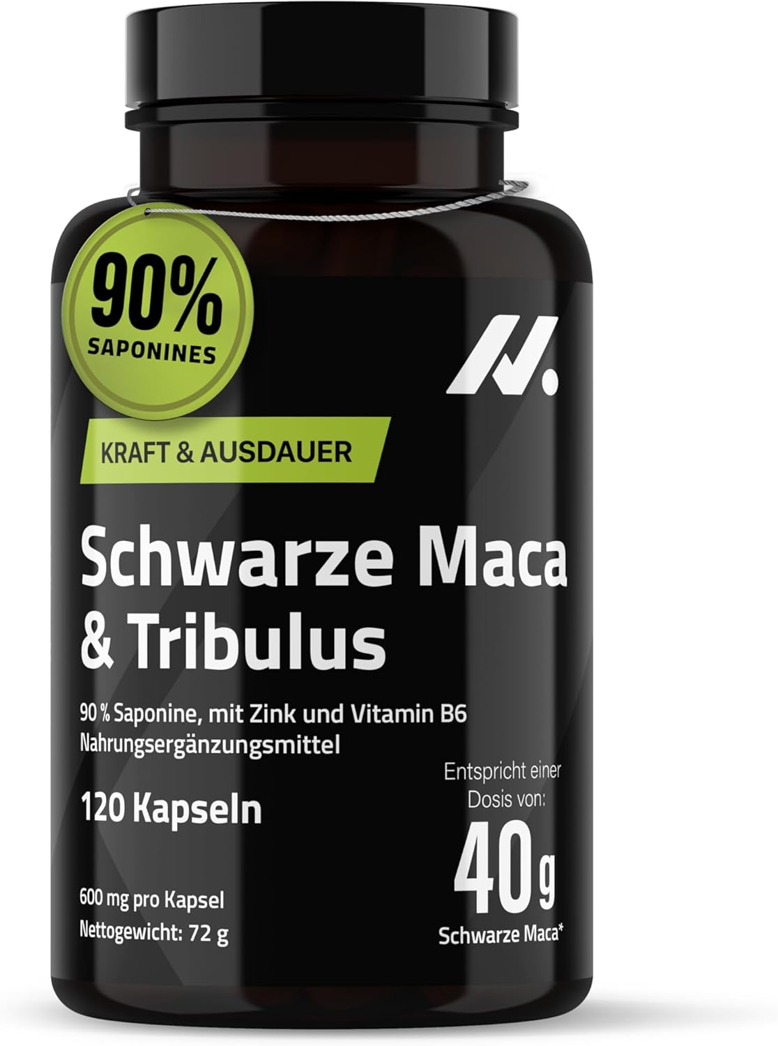 Ausdauer & Energie – Tribulus Terrestris 90% Saponins & Maca Black Capsules 40,000 mg High Dose - Formula for Energy, Vitality & Potency - with Zinc, Vitamin B6 & Maca Powder - 120 Vegan Capsules Nyvos