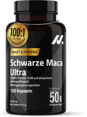 Ausdauer & Energie – Black Maca Capsules High Dose 50,000 mg 100:1 - Black Root Extract with Zinc, Vitamin B6 & Calcium - 120 Capsules - Maca Root Extract for Energy, Vitality & Testosterone Booster - Nyvos