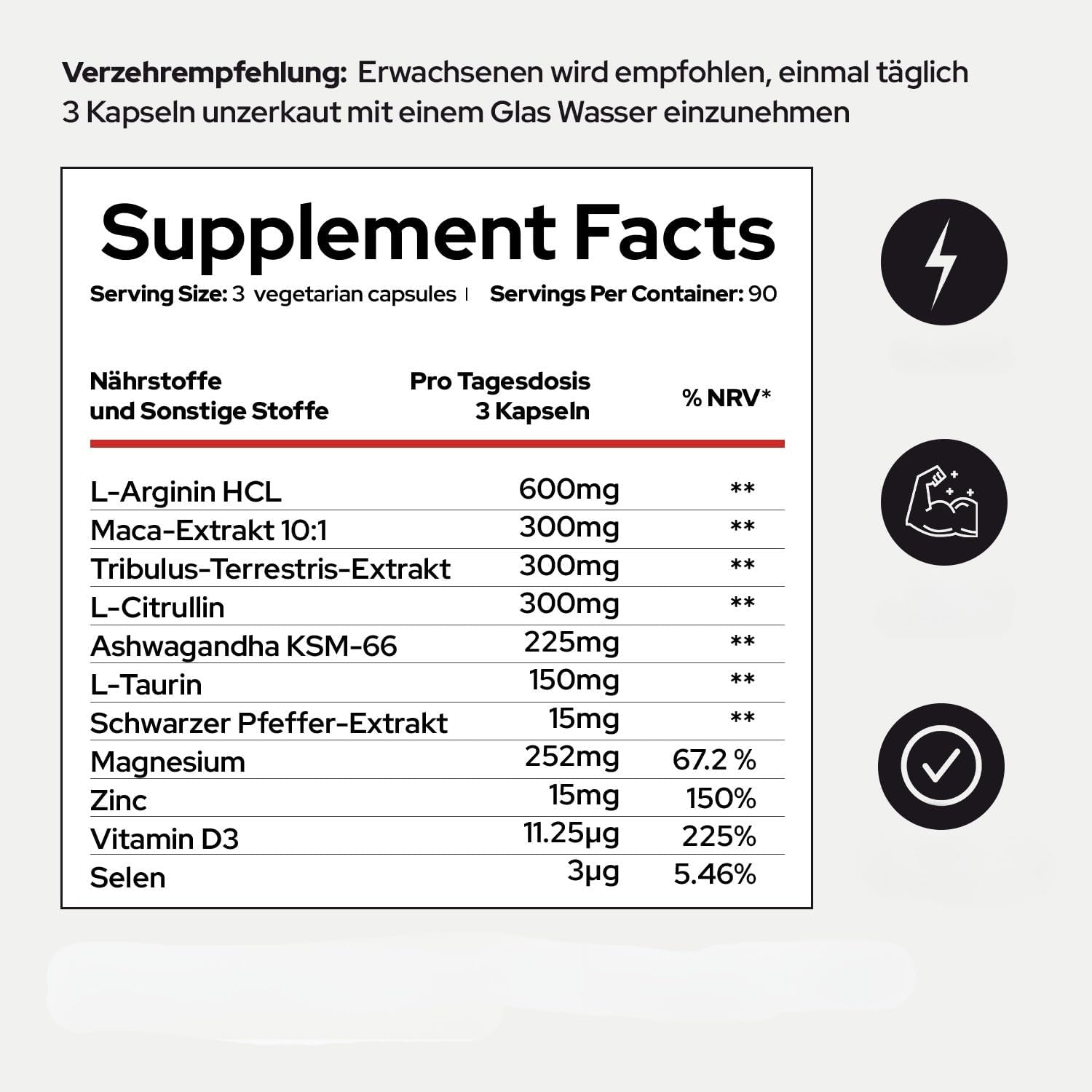 Ausdauer & Energie – Men's Capsules - 90 Vegan Capsules with L-Arginine, Maca, Tribulus, Ashwagandha, Citrulline, Zinc, Selenium, Vitamin D & Magnesium - For Vitality & Wellbeing – Bild 3