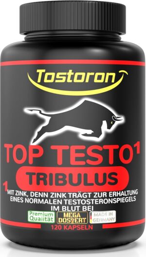 Ausdauer & Energie – Top Testo Tribulus with Zinc, Helps Maintain Normal Testosterone Level in the Blood - High Dose + Mega Maca - 120 Capsules - Pine Bark Extract, Vitamin C + B5, Selenium - 1 Tin = 1 x 100 g