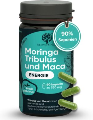 Ausdauer & Energie – RedMoringa Tribulus Terrestris, Maca & Organic Moringa Capsules - 90% Saponins Strength & Testosterone Booster - Support for Muscle Building & Libido | 60 Capsules